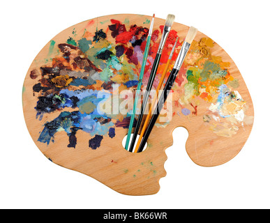 La palette de l'artiste avec des brosses isolated over white background Banque D'Images