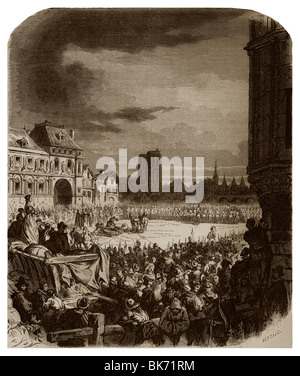 Le 27 mai 1610, François Ravaillac a été cantonnés dans la Place de Grève de Paris d'avoir assassiné le roi Henri IV de France. Banque D'Images