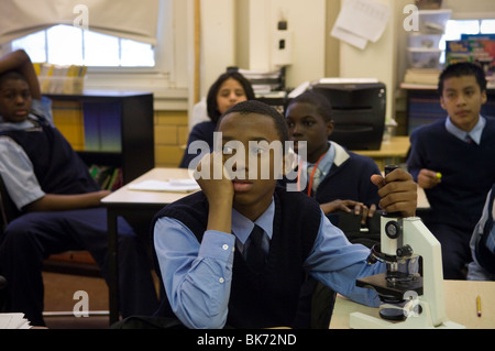 Les élèves de 7 e année en savoir plus sur les invertébrés dans une école dans le quartier de Harlem, New York Banque D'Images