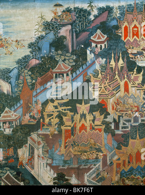 Une scène de la Ramakien sur un écran en bois dans la chapelle Buddhaisawan, Bangkok, Thaïlande, Asie du Sud-Est, Asie Banque D'Images