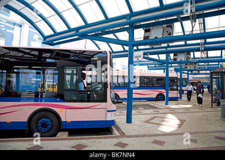 Le célèbre bus rose des Bermudes à la centrale de bus depot à Hamilton, aux Bermudes. Banque D'Images