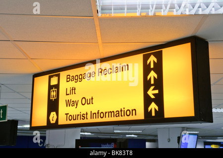 Signe de l'aéroport donnant des directives pour récupérer vos bagages, ascenseur, porte de sortie et informations touristiques Banque D'Images