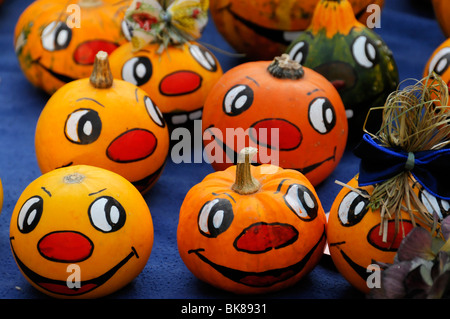 Les petites citrouilles peintes, stand au marché hebdomadaire, Stuttgart, Bade-Wurtemberg, Allemagne, Europe Banque D'Images