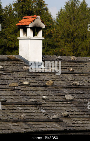 Agiter, toit et cheminée de pierres pour le peser vers le bas, Glentleiten musée agricole, Bavaria, Germany, Europe Banque D'Images