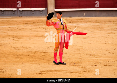 Torero, matador, avec une cape rouge, muleta, et l'épée, estoque, dans les arènes de Las Ventas, Madrid, Espagne, la péninsule ibérique Banque D'Images