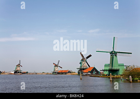 Les moulins à vent historiques au niveau de la rivière Zaan, musée en plein air Zaanse Schans, Zaanstad, Province de la Hollande du Nord, Pays-Bas, Europe Banque D'Images