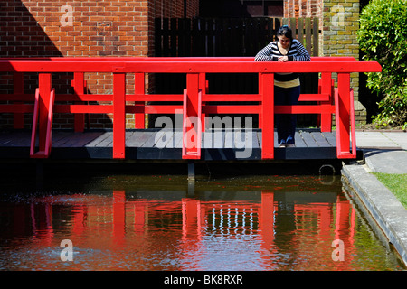 Jeune femme debout sur le pont de bois rouge à la recherche de poissons rouges dans petit bassin d'angleterre Banque D'Images