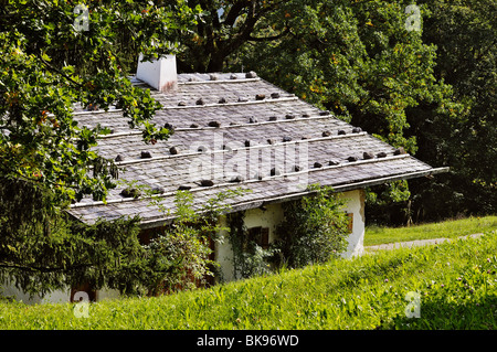 Agiter, toit et cheminée de pierres pour le peser vers le bas, Glentleiten musée agricole, Bavaria, Germany, Europe Banque D'Images