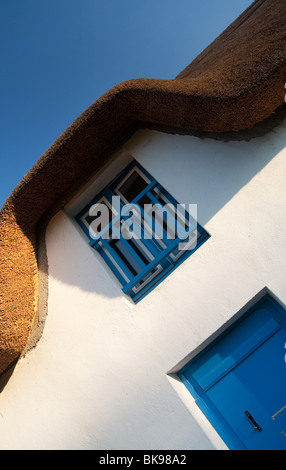 Un bleu et blanc traditionnel thatched cottage dans le parc national régional de Brière,un milieu humide dans le nord-ouest de la France Banque D'Images