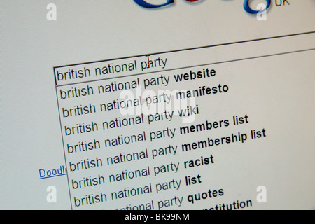 Les options de recherche donné pour une recherche Google (UK) pour le Parti national britannique. Avril 2010 Banque D'Images