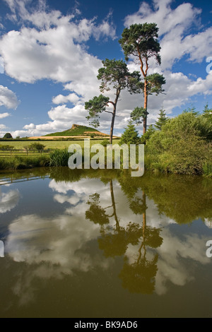 Roseberry Topping, une des collines de Cleveland, vu de l'étang à Aireyholme Farm, près de Great Ayton, North Yorkshire, UK Banque D'Images