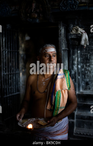 Un prêtre d'un culte au temple de Murugan, rituel donne des bénédictions à pèlerins à Swamimalai, Inde Banque D'Images