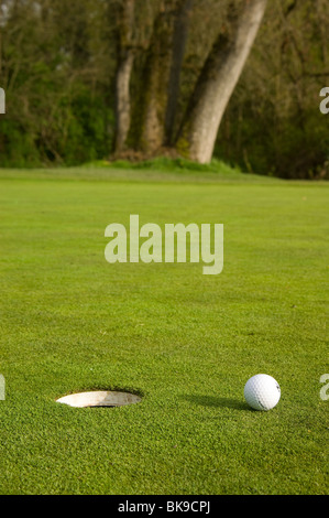 Une balle de golf se trouve à court de la droite du trou sur le green près du drapeau. Banque D'Images