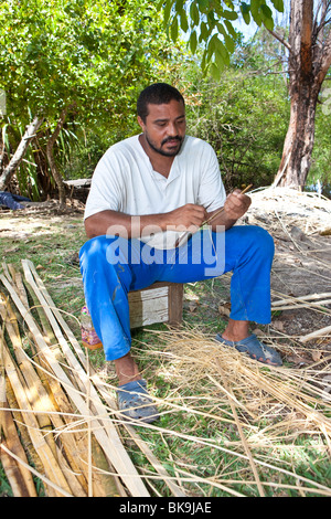 Man making un poisson piège de bambou, l'île de Mahé, Seychelles, océan Indien, Afrique Banque D'Images