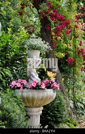 L'euphorbe ésule (Euphorbia hypericifolia 'diamond frost') et buzy lizzie (Impatiens walleriana) dans une fontaine. design : Marianne et detlef lüdke Banque D'Images