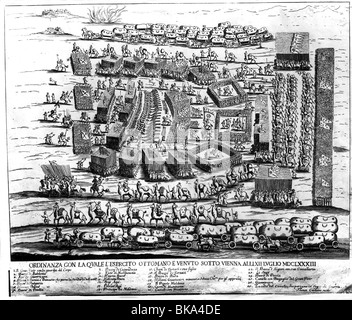 Événements, Grande guerre turque 1683 - 1699, Bataille de Vienne, 12.9.1683, l'armée ottomane en mars, gravure contemporaine en cuivre de Tommaso Cardano, Autriche, guerres, Empire ottoman, Turcs sous Kara Mustafa Pasha, militaire, campagne, soldats, formation, train, chameaux, transport, infanterie, cavalerie, artillerie, XVIIe siècle, historique, peuple, peuple, Banque D'Images