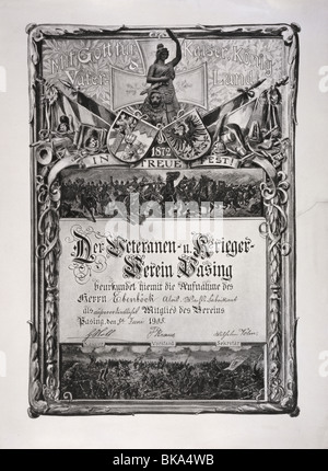 Militaire, Allemagne, Bavière, certificat d'adhésion, ligue des anciens combattants Pasing, délivré pour Aois Ebenboeck, 5.6.1905, Banque D'Images