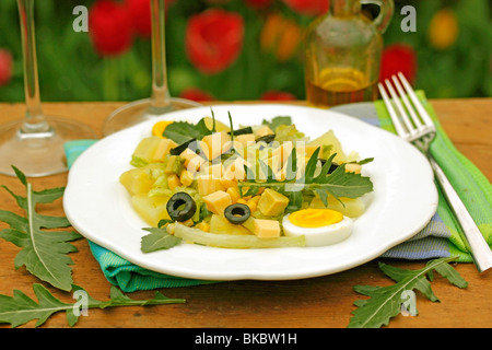 Salade de pommes de terre au fromage et à la roquette. Recette disponible. Banque D'Images