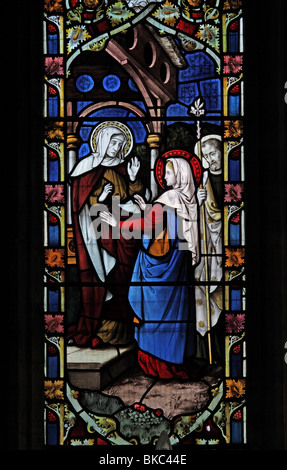 Un vitrail représentant la Visitation, Sainte Marie la Vierge Église, Tysoe, Warwickshire Banque D'Images