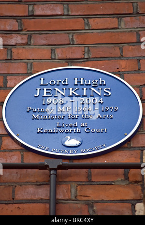 La société putney blue plaque marquant une demeure de Lord Hugh Jenkins, député local de 1964 à 1979 et un ministre des arts Banque D'Images