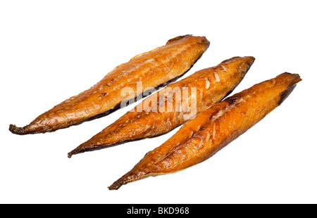 Poisson gras - filets de maquereau fumé sur blanc Banque D'Images