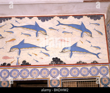 Fresque des dauphins, Bath Hall, Palais Minoen de Knossos, Rethymnon (Rethymno), Région de Rethymnon, Crète (Crète), Grèce Banque D'Images