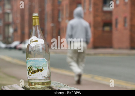 Une bouteille de vin bon marché abandonné par un buveur de rue entre les appartements locatifs sur l'île de Barrow Banque D'Images