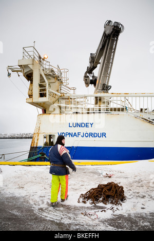 Bateau de pêche pêcheur sur Lundey. Vopnafjordur harbour, est de l'Islande. Banque D'Images