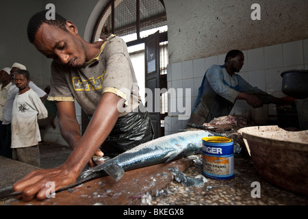 L'homme le nettoyage du poisson - Stonetown, Zanzibar, Tanzanie. Banque D'Images