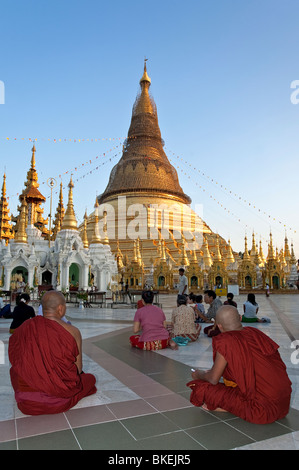 Des moines bouddhistes à prier. Paya Shwedagon. Yangon. Myanmar Banque D'Images