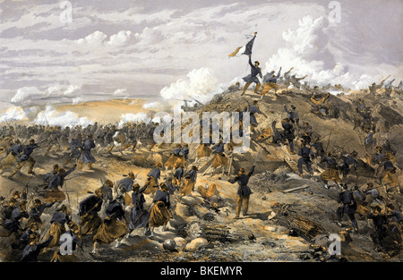 Vintage print intitulée "L'attaque contre le Malakoff" et représentant la bataille de Malakoff (7 septembre 1855) à la guerre de Crimée. Banque D'Images