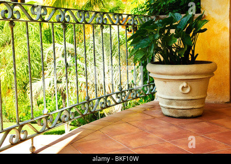 Sol carrelé Mexican balcon avec balustrade près de plante en pot Banque D'Images