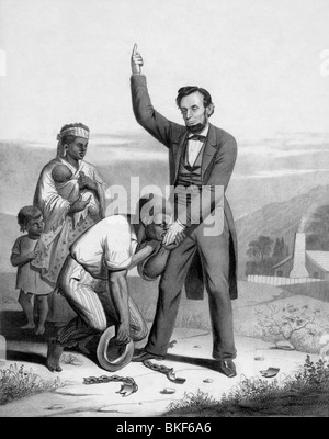 Tirage d'époque vers 1862 représentant le président des États-Unis Abraham Lincoln d'être embrassé sur la main par un esclave affranchi. Banque D'Images