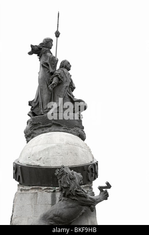 Détail de Christophe Colomb sur le haut du monument à la découverte de l'Amérique dans la ville de Valladolid, Castilla y León, Espagne, Europe Banque D'Images