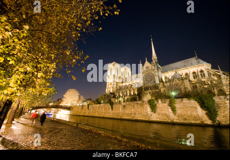 Les gens qui marchent au bord de la Seine à côté de la cathédrale Notre Dame de Paris la nuit Banque D'Images