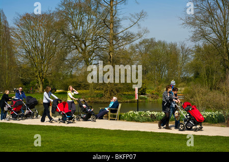 Un groupe de mères personnes poussant poussette autour de walking in Park RHS Wisley Gardens Surrey England Banque D'Images