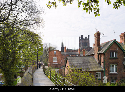 Les murs de la ville avec la cathédrale au loin, Chester, Cheshire, Angleterre, Royaume-Uni Banque D'Images