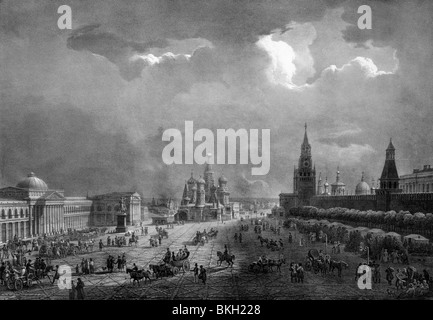 Vintage circa 1830 lithographie représentant la vue sur l'esplanade du Kremlin à Moscou, Russie. Banque D'Images