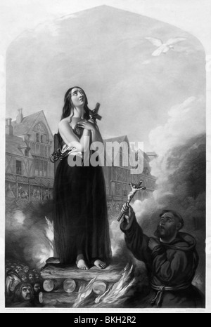 Circa 1851 Vintage print représentant Jeanne d'Arc étant brûlé sur le bûcher le 30 mai 1431. Banque D'Images