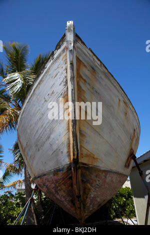 Vieux et délabrés, bateau en bois sur le disque à côté d'un palmier. Banque D'Images