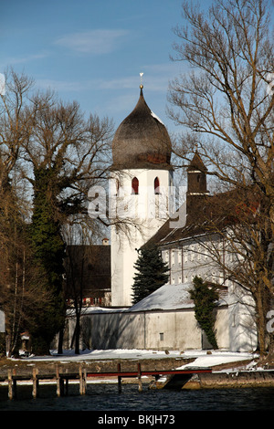 Abbaye bénédictine St irmengard Clocher Fraueninsel, Chiemsee, Chiemgau Haute-bavière Allemagne, Europe Banque D'Images