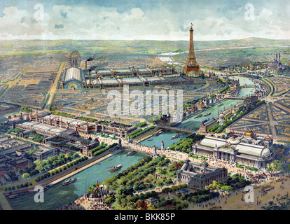 Lithographie contemporaine d'impression couleur montrant une vue aérienne de l'Exposition Universelle de Paris (exposition universelle) en 1900. Banque D'Images