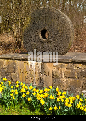 Plaque de pierre à l'entrée du parc national de Peak District près de Leek dans Staffordshire England UK de jonquilles en premier plan Banque D'Images