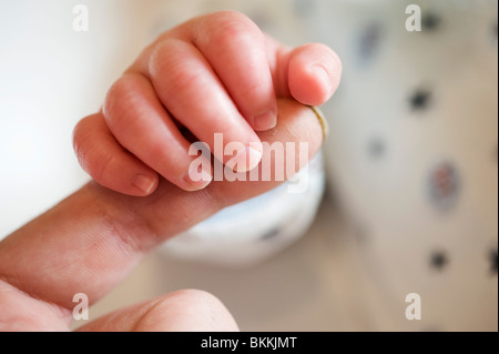 La main de bébé papas doigt de préhension Banque D'Images