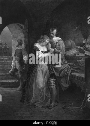 Vintage print représentant Sir Walter Raleigh rend hommage à sa femme le matin de son exécution pour trahison en 1618. Banque D'Images