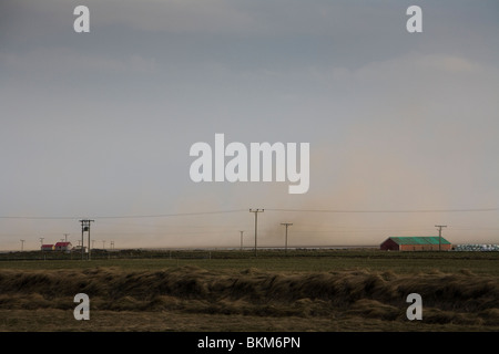 Ferme qui ont été frappés par la cendre volcanique de l'éruption volcanique de Eyjafjallajokull glacier, Sud de l'Islande. Banque D'Images