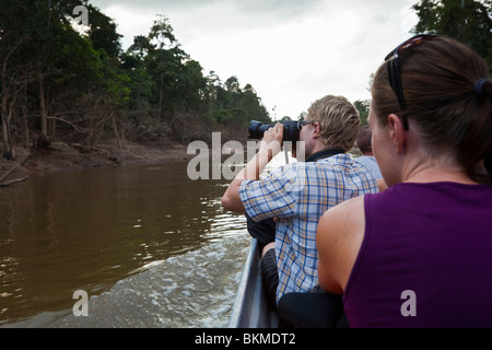 Repérage de la faune croisière sur un affluent de la rivière Kinabatangan, Sabah, Bornéo, Malaisie. Banque D'Images