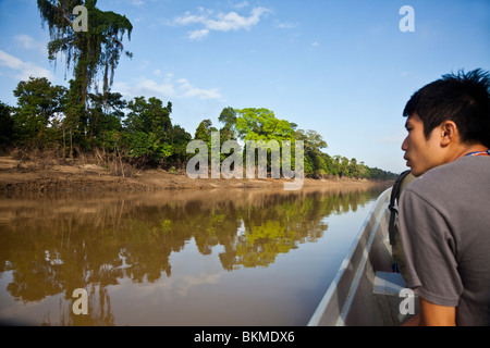 La recherche touristique pour la faune sur les rives de la rivière Kinabatangan, Sabah, Bornéo, Malaisie. Banque D'Images