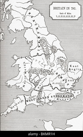 Carte de Bretagne en 792. Les trois royaumes 685 à 828. Banque D'Images