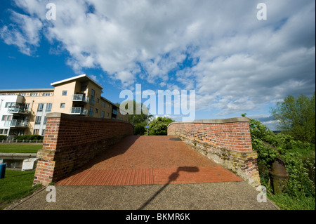 pont du canal et appartements à Chelmsford, voie cyclable, passerelle et pont à pied avec grand, grand, grand, vaste ciel et briques Banque D'Images